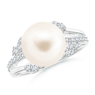 10mm AAA Freshwater Pearl and Leaf Ring with Diamonds in White Gold