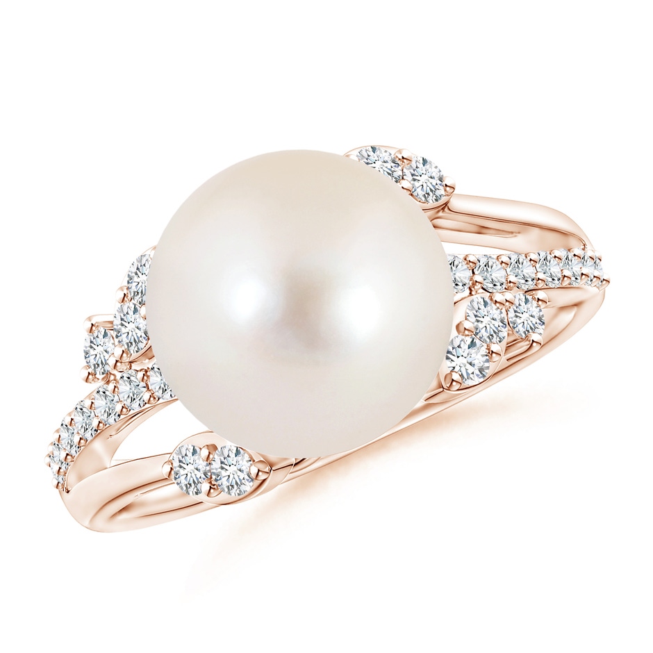 10mm AAAA Freshwater Pearl and Leaf Ring with Diamonds in Rose Gold 