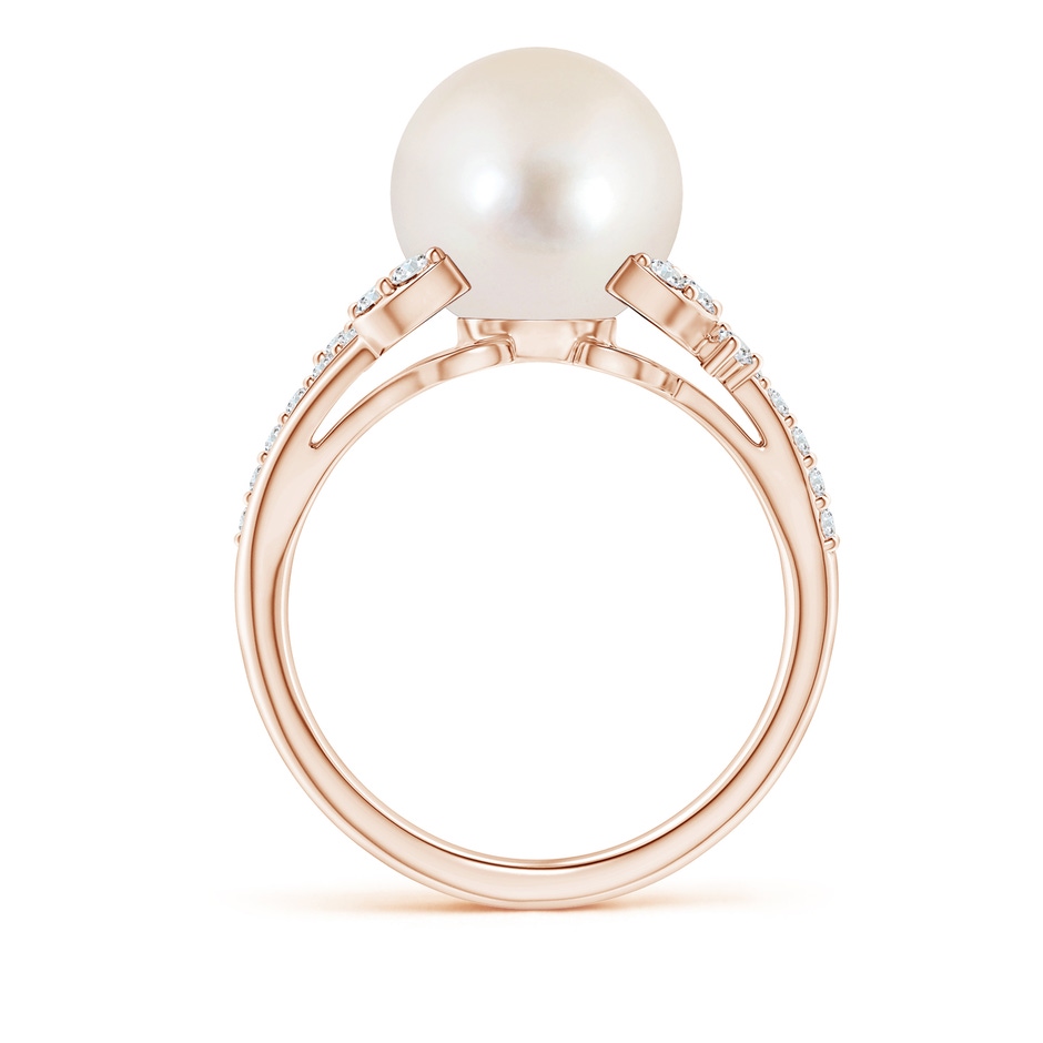 10mm AAAA Freshwater Pearl and Leaf Ring with Diamonds in Rose Gold side 1