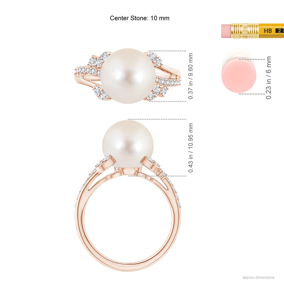 10mm AAAA Freshwater Pearl and Leaf Ring with Diamonds in Rose Gold ruler