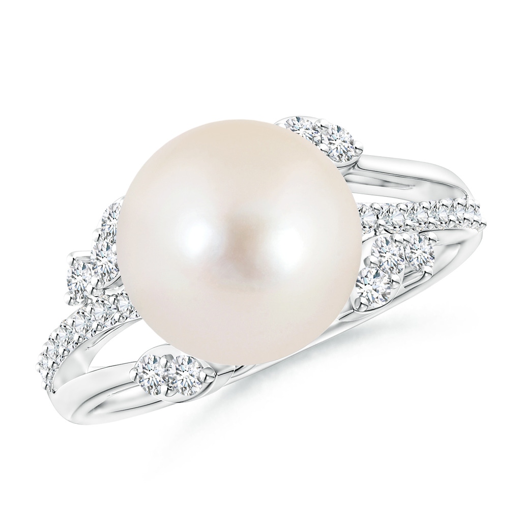 10mm AAAA Freshwater Pearl and Leaf Ring with Diamonds in White Gold