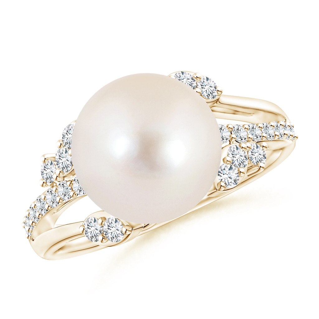 10mm AAAA Freshwater Pearl and Leaf Ring with Diamonds in Yellow Gold