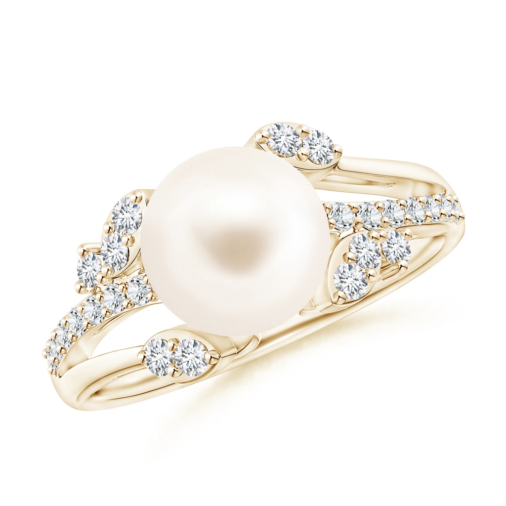 8mm AAA Freshwater Pearl and Leaf Ring with Diamonds in Yellow Gold