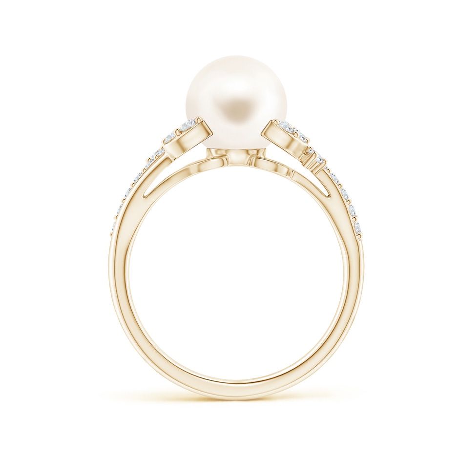 8mm AAA Freshwater Pearl and Leaf Ring with Diamonds in Yellow Gold side 1