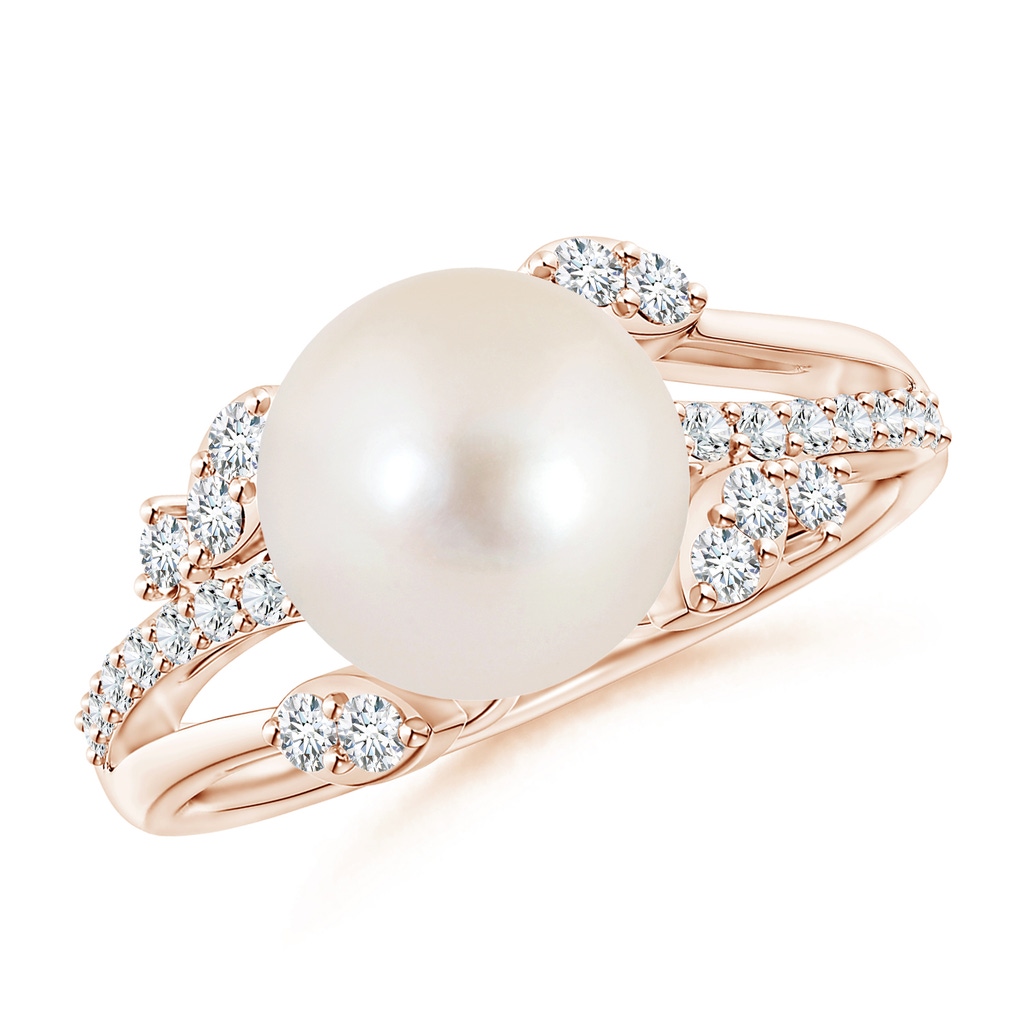 9mm AAAA Freshwater Pearl and Leaf Ring with Diamonds in Rose Gold