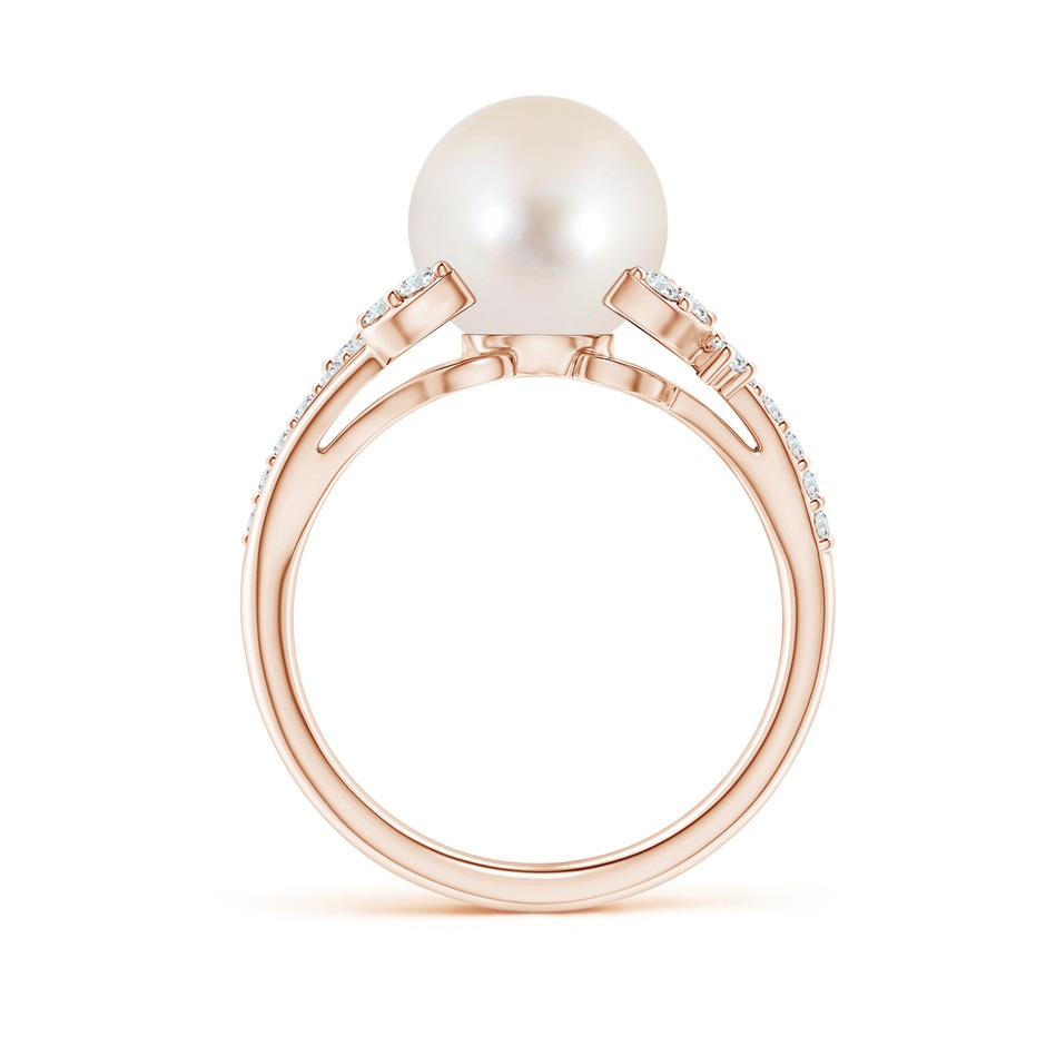 9mm AAAA Freshwater Pearl and Leaf Ring with Diamonds in Rose Gold side 1