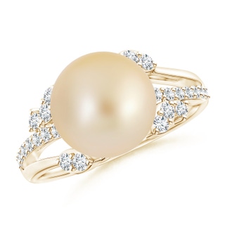 10mm AA Golden South Sea Pearl and Leaf Ring with Diamonds in Yellow Gold