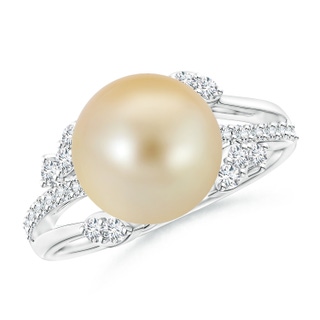 10mm AAA Golden South Sea Pearl and Leaf Ring with Diamonds in White Gold