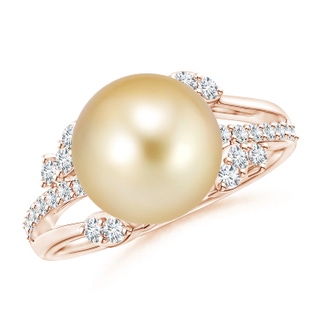 10mm AAAA Golden South Sea Pearl and Leaf Ring with Diamonds in Rose Gold