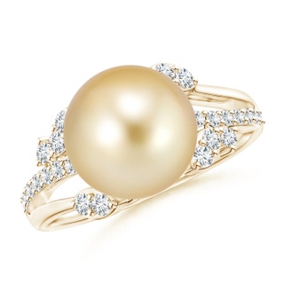 10mm AAAA Golden South Sea Pearl and Leaf Ring with Diamonds in Yellow Gold