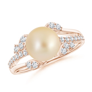 8mm AA Golden South Sea Pearl and Leaf Ring with Diamonds in Rose Gold