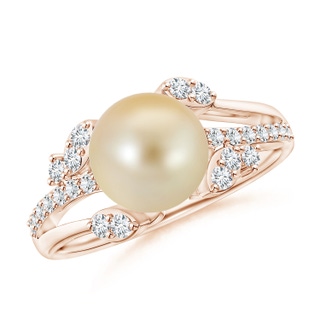 8mm AAA Golden South Sea Pearl and Leaf Ring with Diamonds in Rose Gold