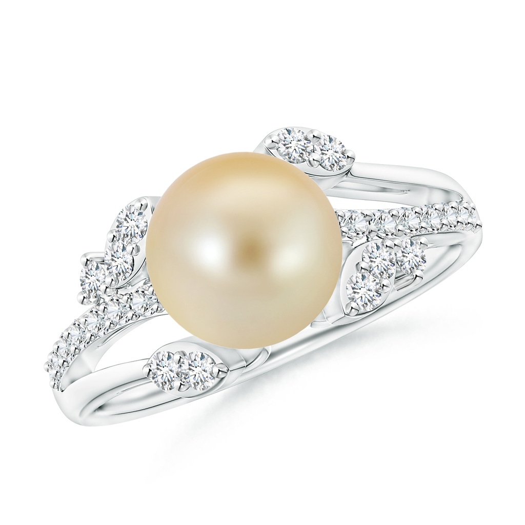8mm AAA Golden South Sea Pearl and Leaf Ring with Diamonds in White Gold