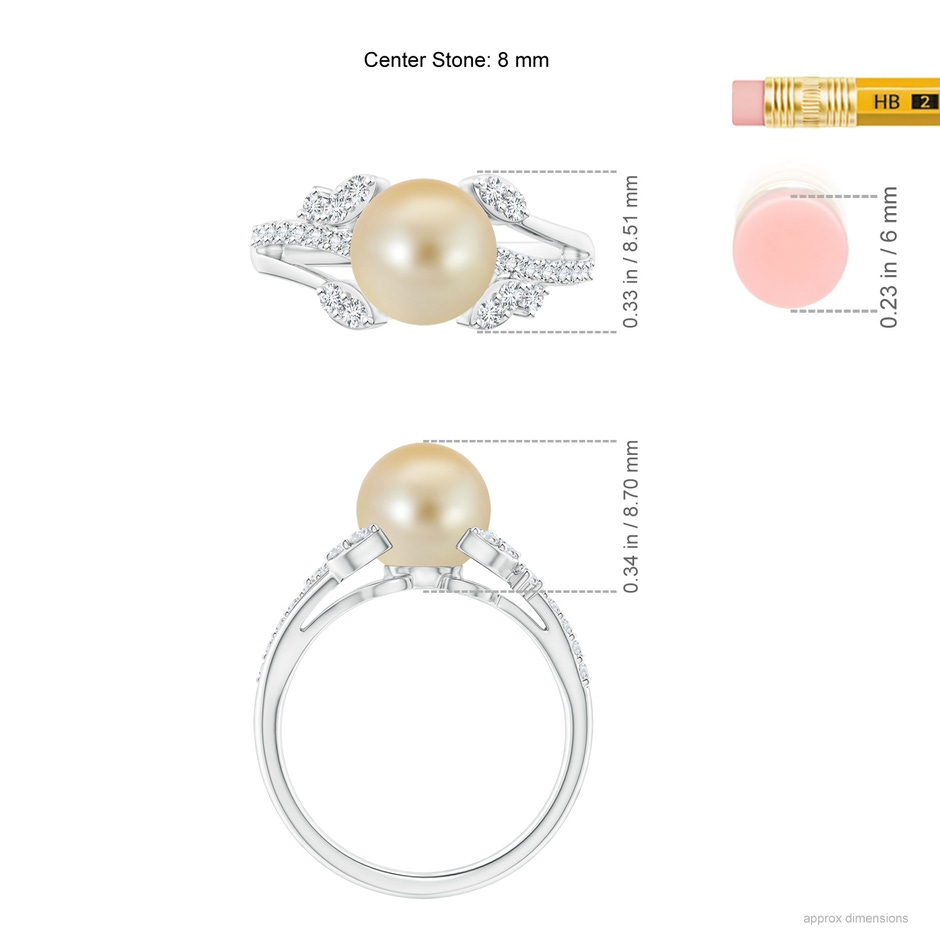 8mm AAA Golden South Sea Pearl and Leaf Ring with Diamonds in White Gold ruler