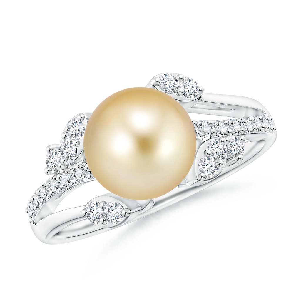 8mm AAAA Golden South Sea Pearl and Leaf Ring with Diamonds in White Gold