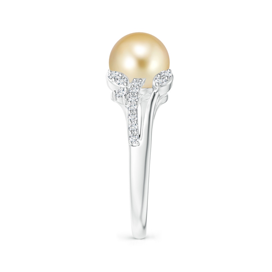 8mm AAAA Golden South Sea Pearl and Leaf Ring with Diamonds in White Gold side 2