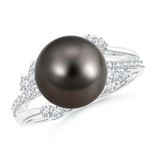 10mm AAA Tahitian Pearl and Leaf Ring with Diamonds in White Gold