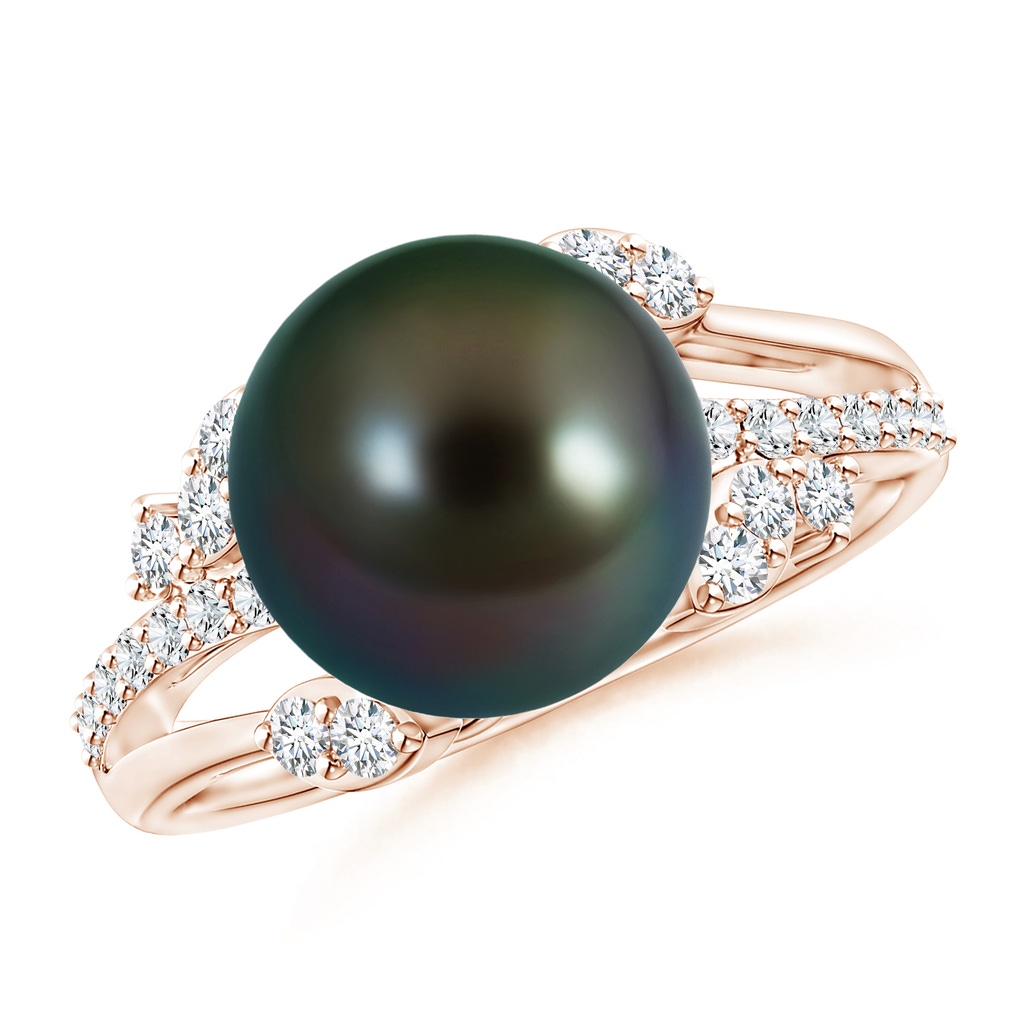 10mm AAAA Tahitian Pearl and Leaf Ring with Diamonds in Rose Gold