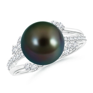 10mm AAAA Tahitian Pearl and Leaf Ring with Diamonds in White Gold