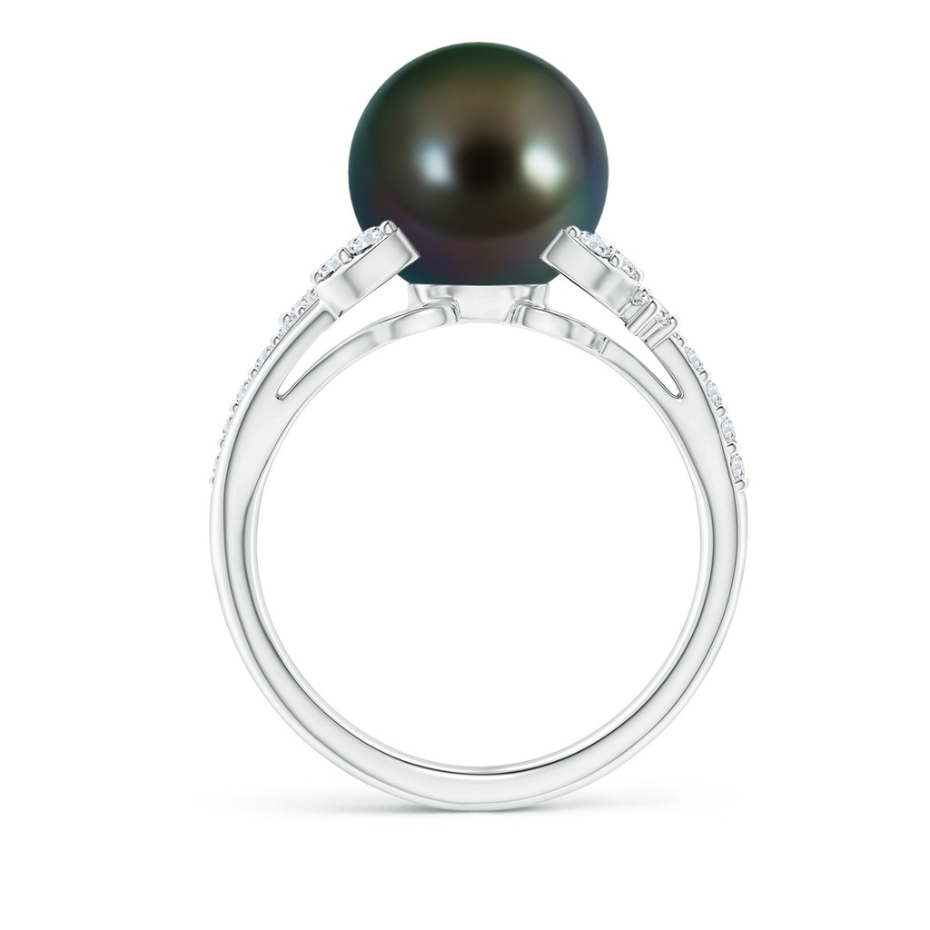 10mm AAAA Tahitian Pearl and Leaf Ring with Diamonds in White Gold Side 1