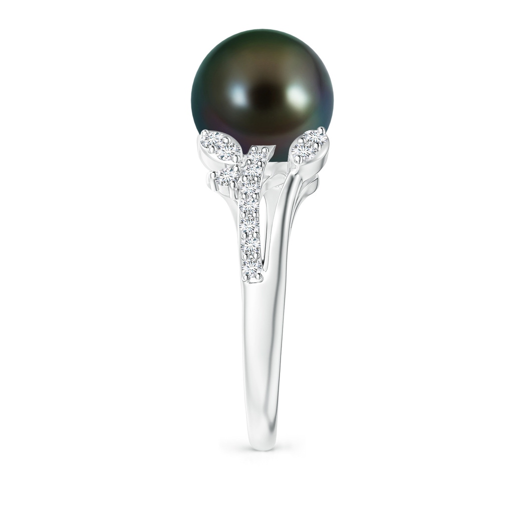 10mm AAAA Tahitian Pearl and Leaf Ring with Diamonds in White Gold Side 2