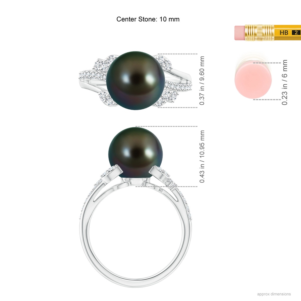 10mm AAAA Tahitian Pearl and Leaf Ring with Diamonds in White Gold Ruler