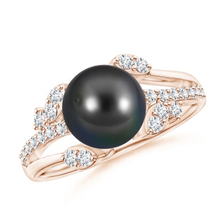 8mm AA Tahitian Pearl and Leaf Ring with Diamonds in Rose Gold
