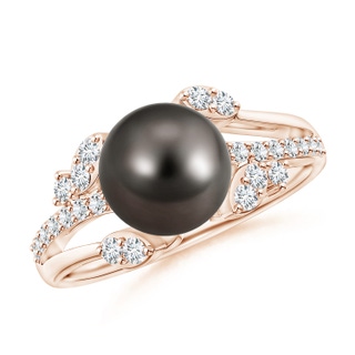 8mm AAA Tahitian Pearl and Leaf Ring with Diamonds in Rose Gold