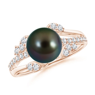 8mm AAAA Tahitian Pearl and Leaf Ring with Diamonds in Rose Gold