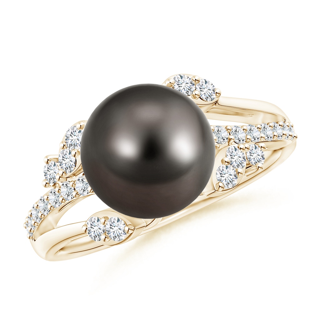 9mm AAA Tahitian Pearl and Leaf Ring with Diamonds in Yellow Gold