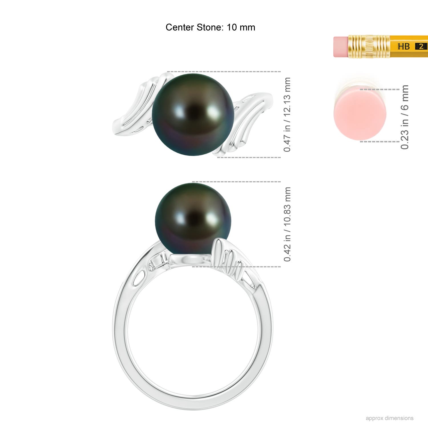 10mm AAAA Tahitian Pearl Ring with Wing Motifs in White Gold - ruler