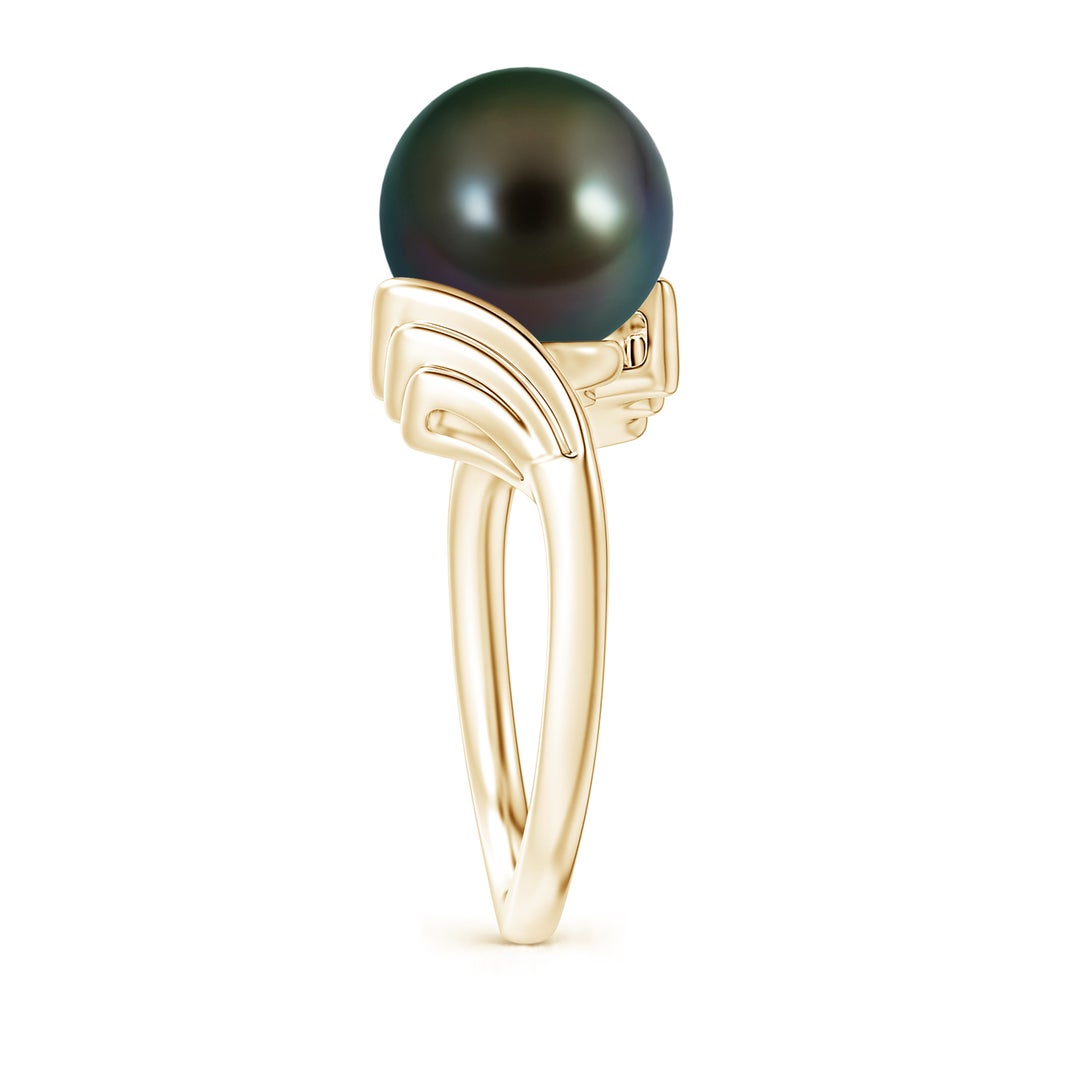 10mm AAAA Tahitian Pearl Ring with Wing Motifs in Yellow Gold - side 2