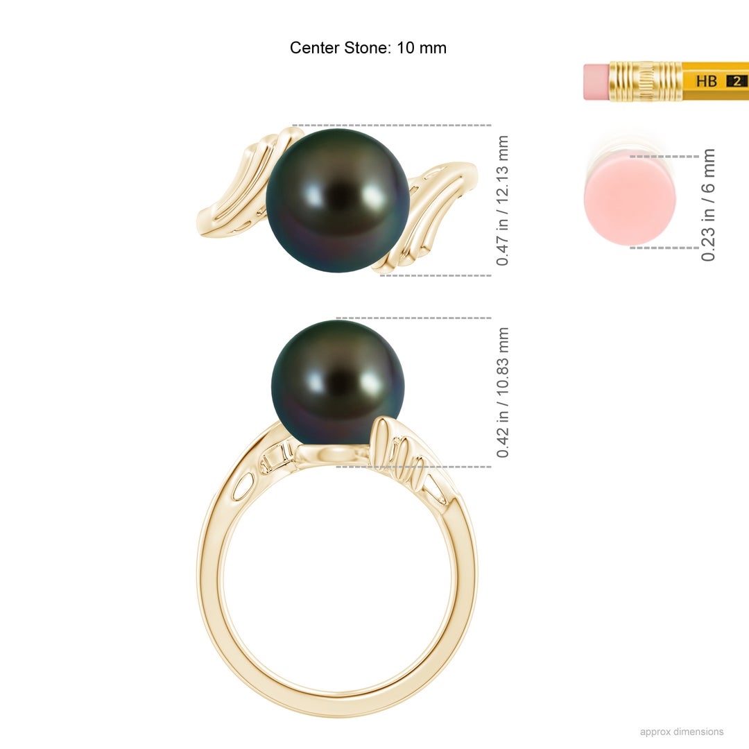 10mm AAAA Tahitian Pearl Ring with Wing Motifs in Yellow Gold - ruler