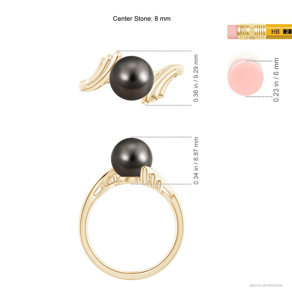 8mm AAA Tahitian Pearl Ring with Wing Motifs in Yellow Gold Ruler
