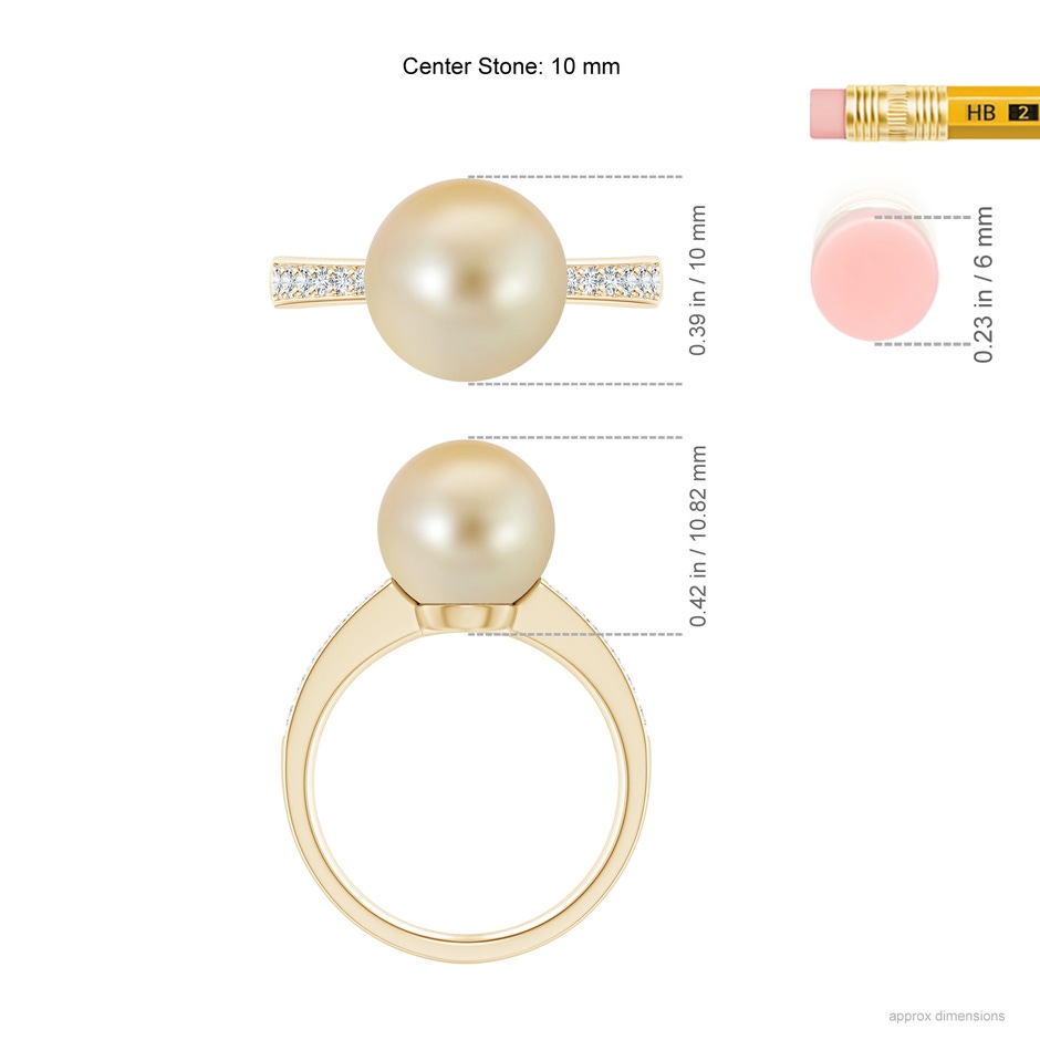 10mm AAA Golden South Sea Pearl Reverse Tapered Shank Ring in Yellow Gold ruler