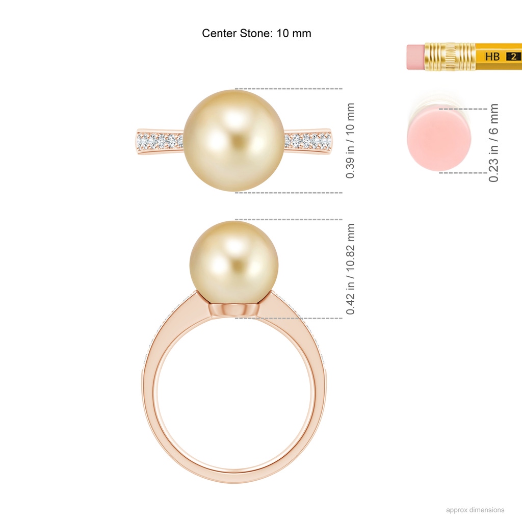 10mm AAAA Golden South Sea Pearl Reverse Tapered Shank Ring in Rose Gold Ruler