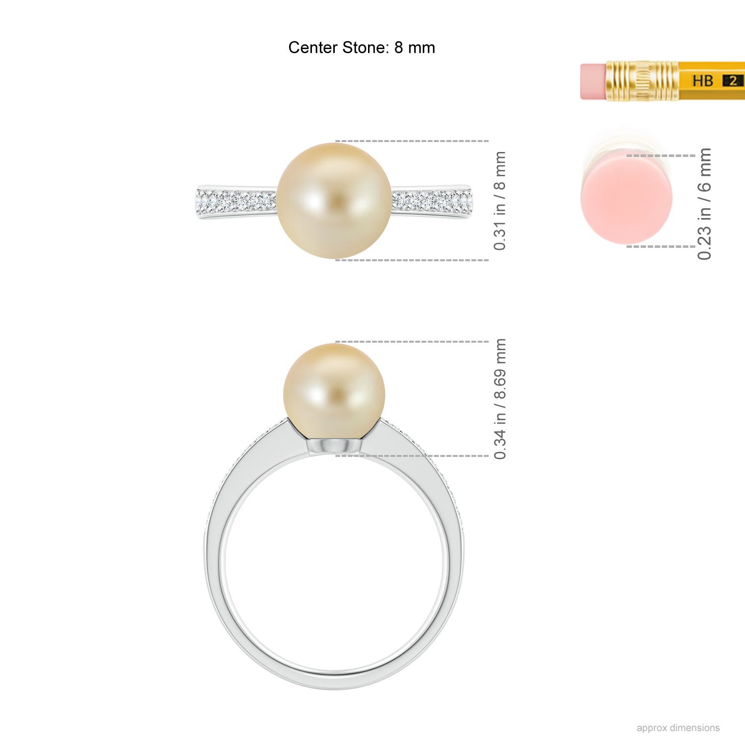 8mm AAA Golden South Sea Pearl Reverse Tapered Shank Ring in White Gold - ruler