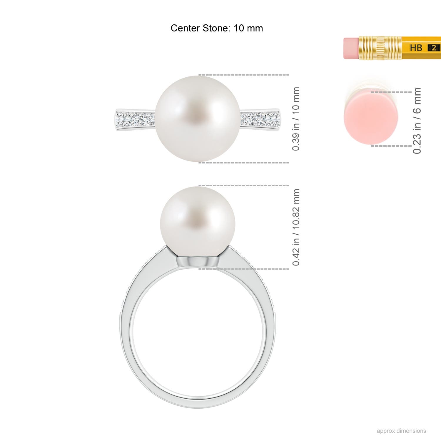 10mm AAA South Sea Pearl Reverse Tapered Shank Ring in White Gold - ruler