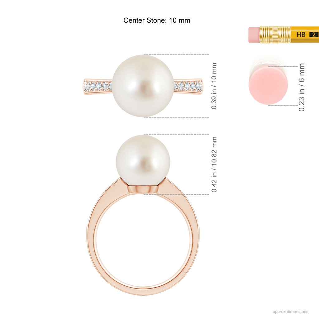10mm AAAA South Sea Pearl Reverse Tapered Shank Ring in Rose Gold Ruler