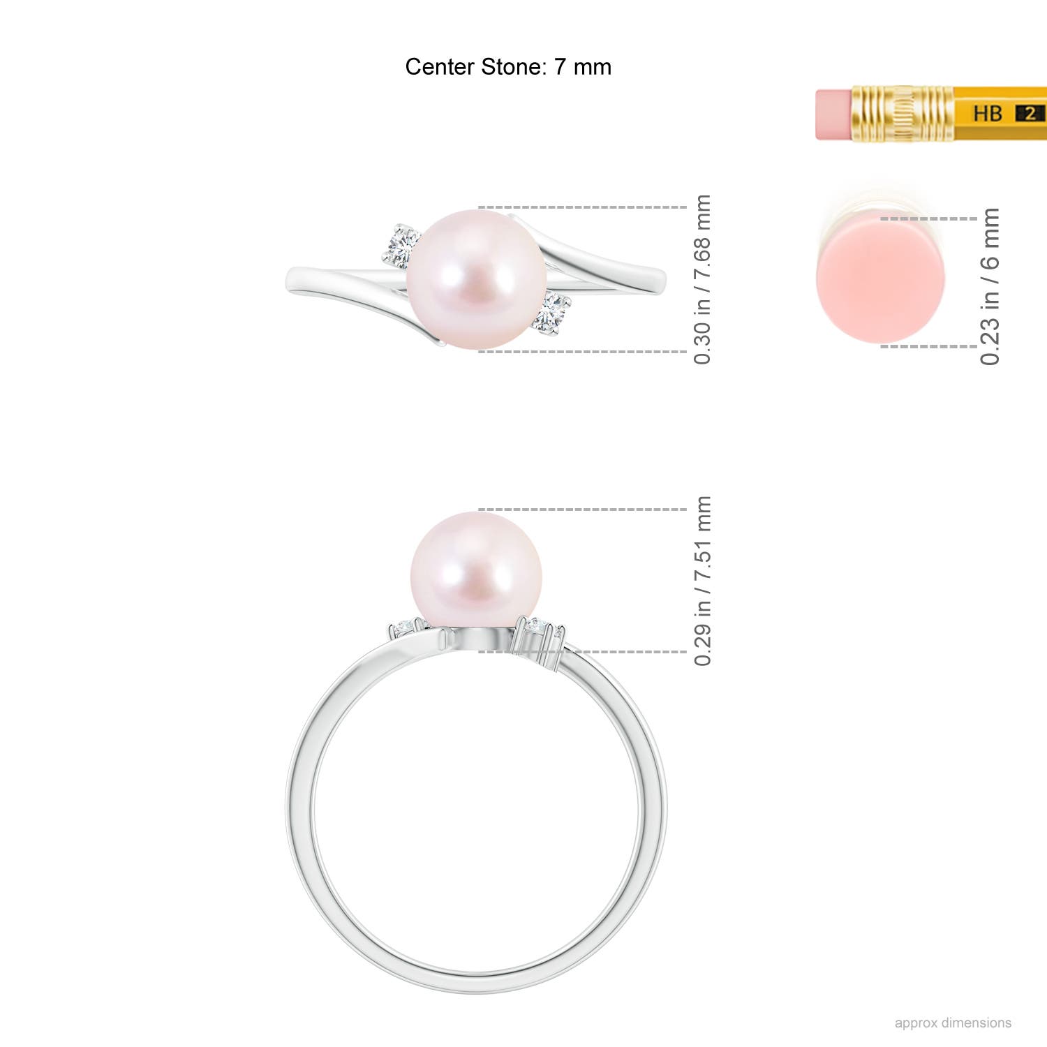 7mm AAAA Japanese Akoya Pearl Bypass Engagement Ring in White Gold - ruler