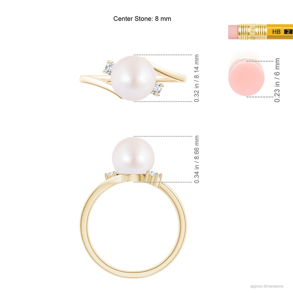 8mm AA Japanese Akoya Pearl Bypass Engagement Ring in Yellow Gold ruler