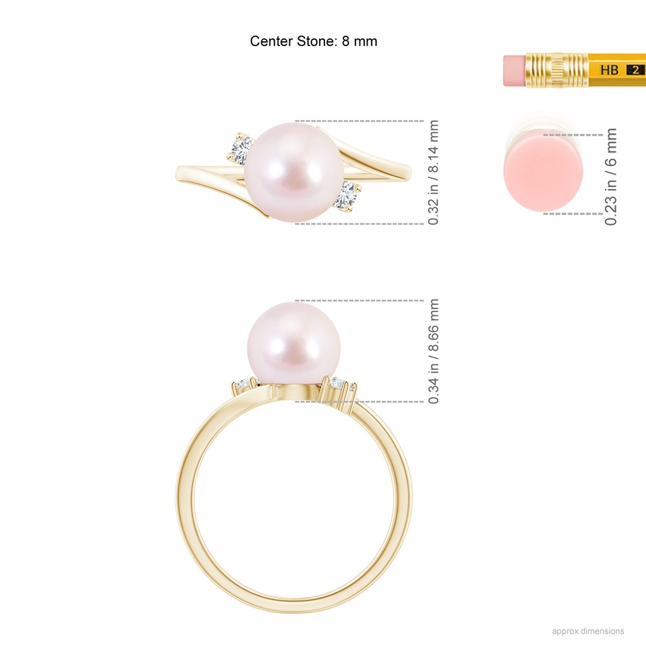 8mm AAAA Japanese Akoya Pearl Bypass Engagement Ring in Yellow Gold ruler