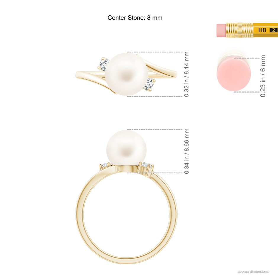 8mm AA Freshwater Pearl Bypass Engagement Ring in Yellow Gold ruler
