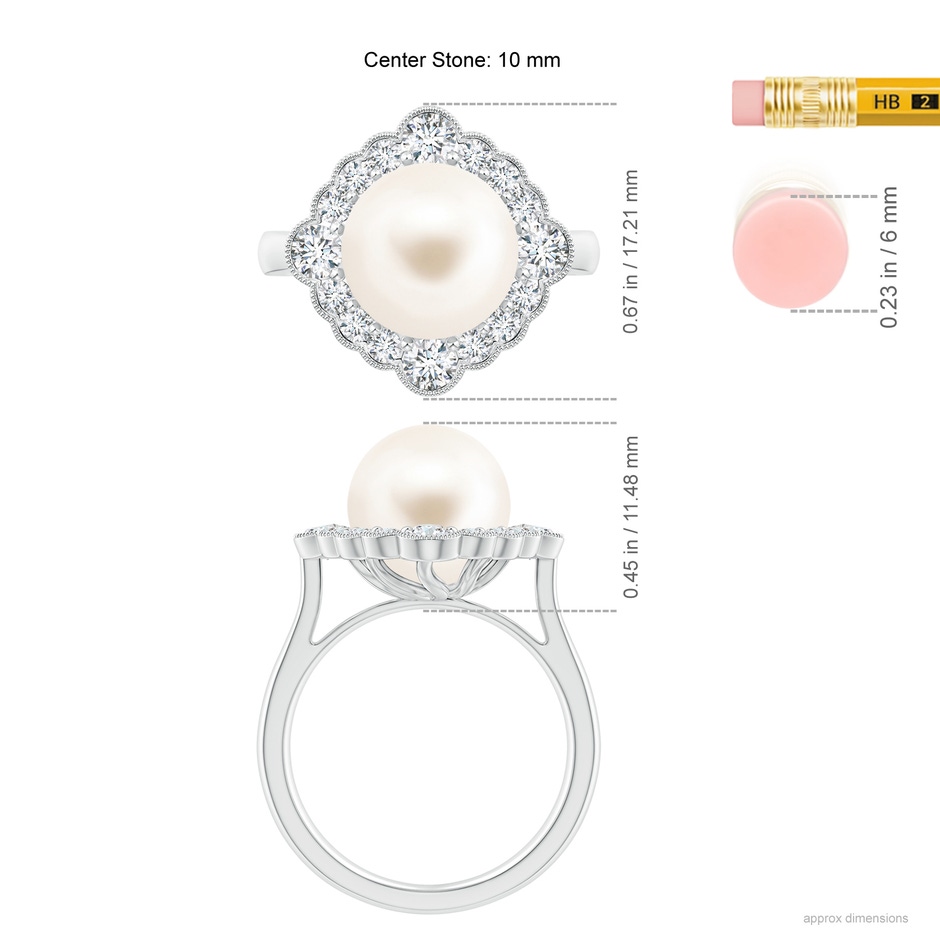 10mm AAA Freshwater Pearl Cushion Halo Engagement Ring in White Gold ruler