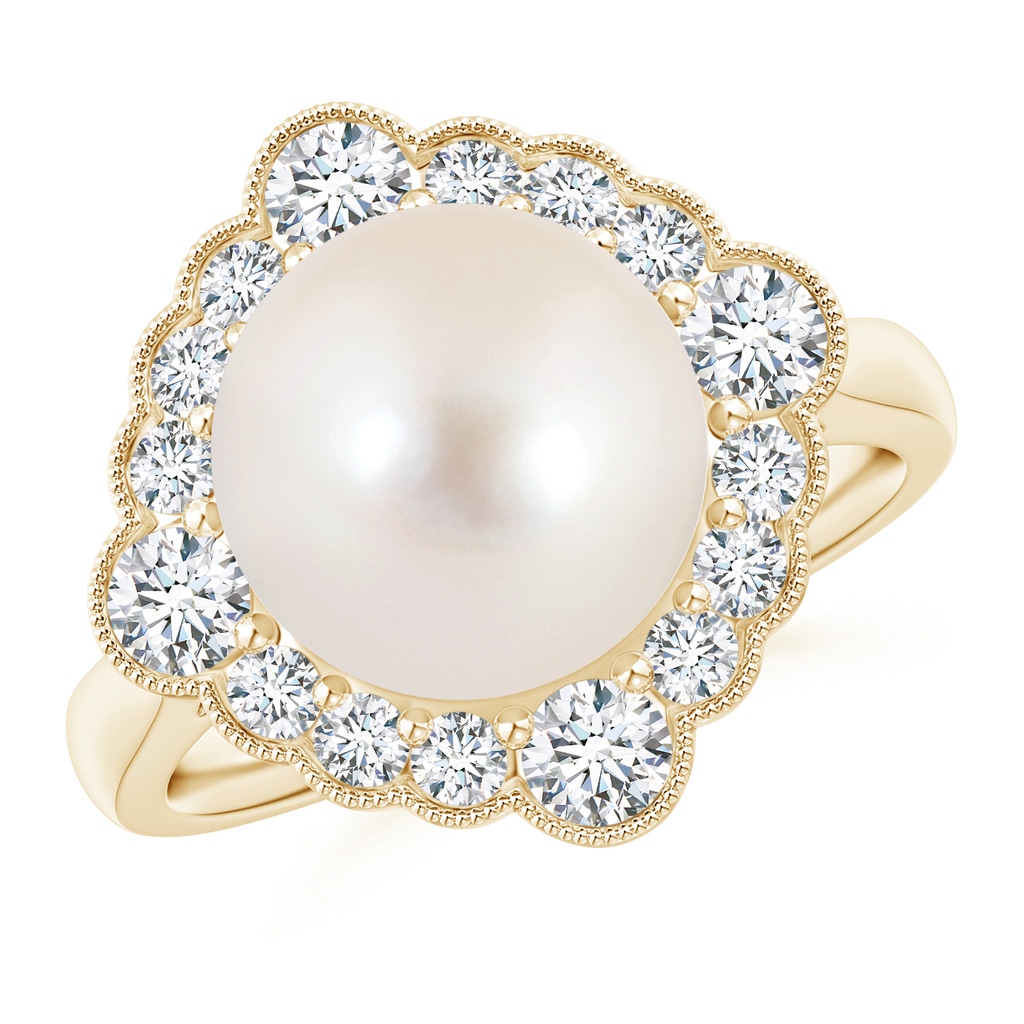 10mm AAAA Freshwater Pearl Cushion Halo Engagement Ring in Yellow Gold