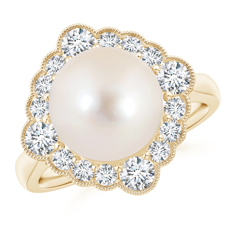 10mm AAAA Freshwater Pearl Cushion Halo Engagement Ring in Yellow Gold 