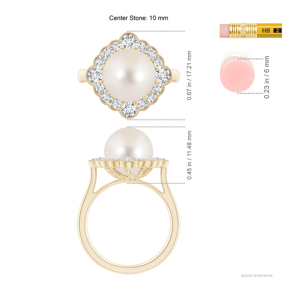 10mm AAAA Freshwater Pearl Cushion Halo Engagement Ring in Yellow Gold ruler