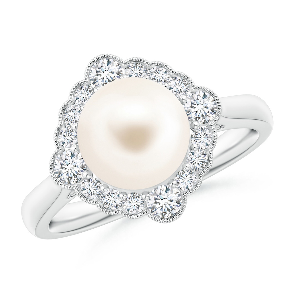 8mm AAA Freshwater Pearl Cushion Halo Engagement Ring in White Gold