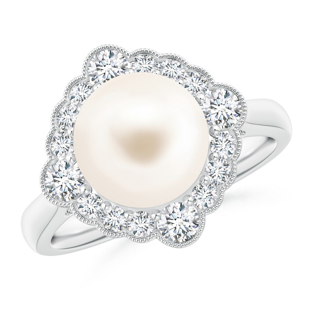 9mm AAA Freshwater Pearl Cushion Halo Engagement Ring in White Gold