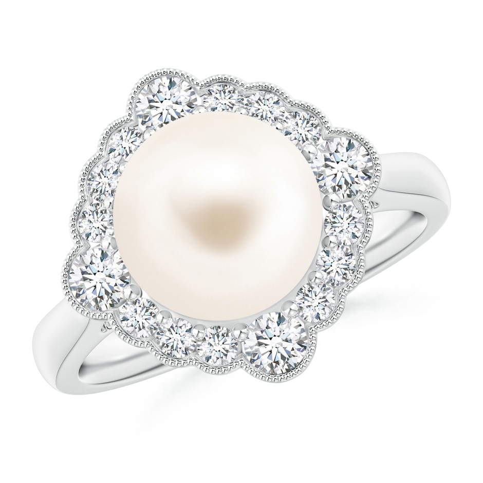 9mm AAA Freshwater Pearl Cushion Halo Engagement Ring in White Gold 